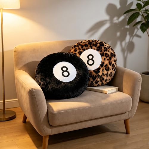 2 Pack Round Plush Throw Pillows - Black and Cheetah Print Billiard Ball Shape