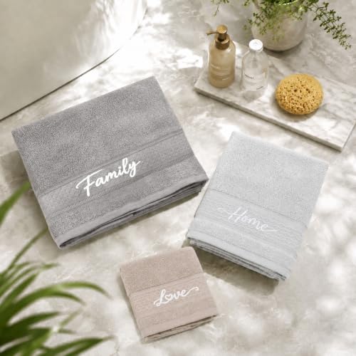 3 Piece Cotton Bath Towel Set with Hand Towel & Washcloth - Grey