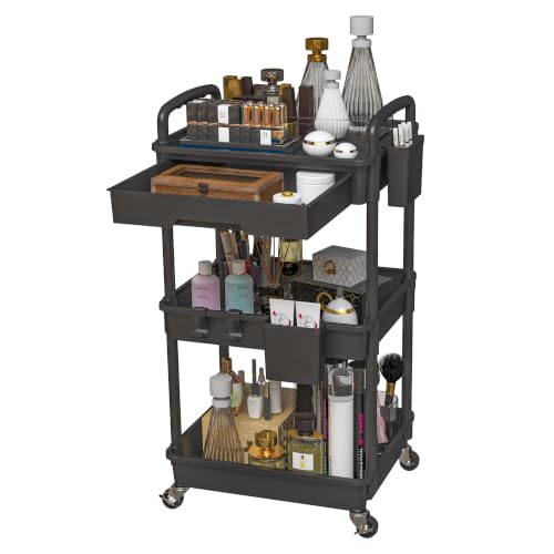 Black 3-Tier Rolling Makeup Cart with Drawer and Side Cups