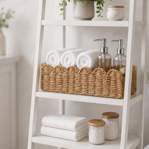 Scalloped Wicker Toilet Paper Storage Basket with Handles - Bathroom Organizer
