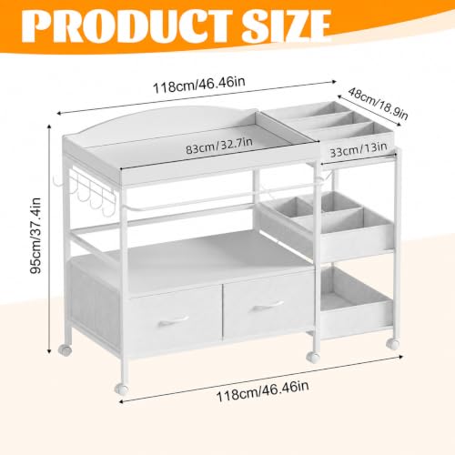Baby Changing Table with Storage and Locking Wheels - White Nursery Organizer