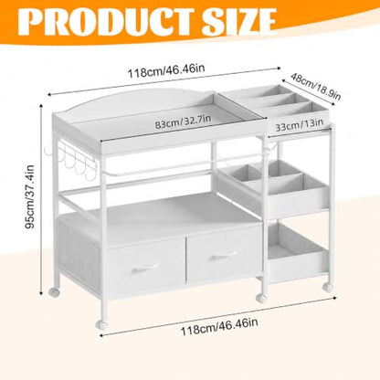 Baby Changing Table with Storage and Locking Wheels - White Nursery Organizer