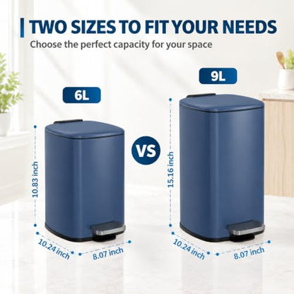 Garvee 2.4 Gallon Slim Bathroom Trash Can with Lid - Navy Blue