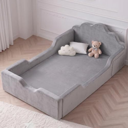 Grey Toddler Floor Bed No Assembly Soft Foam Frame Removable Cover