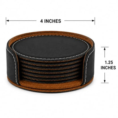 Black 4-Inch Round Leatherette Drink Coasters 6 Pack - Table Protectors