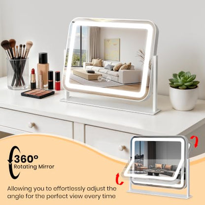 White LED Lighted Makeup Mirror 13.8x11.4 Inches Touch Screen Dimmable Vanity with 3 Color Lighting & 360° Rotation