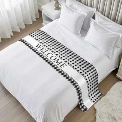 Queen Size Satin Bed Runner Scarf 83x20 Inches - Black White Buffalo Check