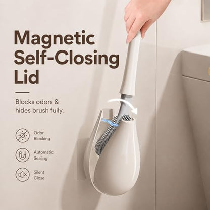 Toilet Brush & Holder Set Wall-Mounted Auto-Close Lid Cream White