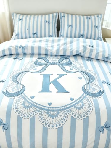 Blue Full Size 3-Piece Bedding Set for Kids with Striped Bow and Initial Letter K - Variation of Blue-K / Full