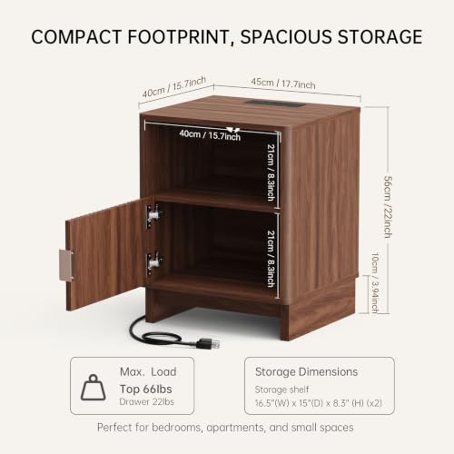 Fluted Nightstand with Charging Station (Walnut) — 2 AC, USB-A, USB-C