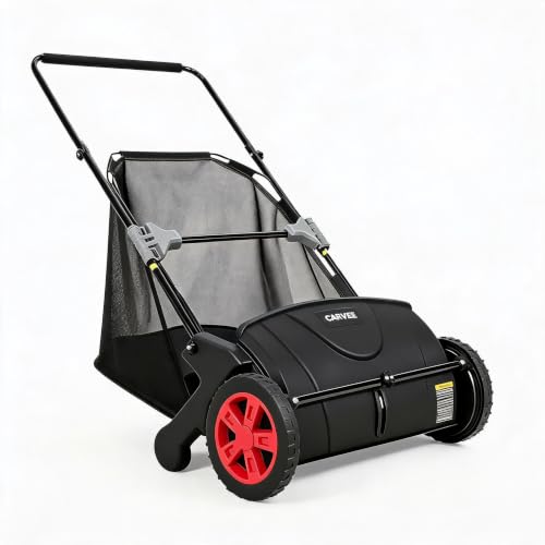 Lawn Sweeper - Manual Leaf & Debris Collector with 3.5 Cu. ft Capacity, Black & Red