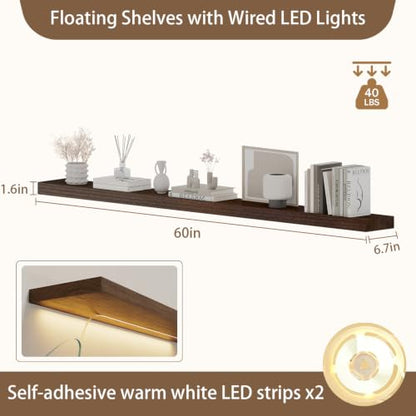 Walnut 60 Inch LED Floating Wall Shelves Set of 2 - Rustic Wooden Shelves for Living Room Bedroom Kitchen Gaming Room