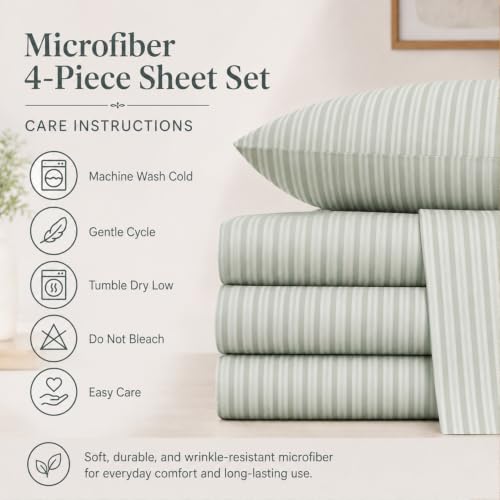 Ivellow Sage Green Striped King Bed Sheets - 4pc Ticking Bedding Set