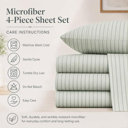 Ivellow Sage Green Striped King Bed Sheets - 4pc Ticking Bedding Set