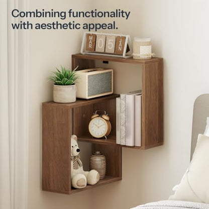 Wall-Mounted Corner Floating Shelves 4-Tier for Wall, Walnut Finish