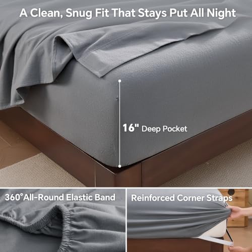 BEDELITE 100% Cotton Flannel Bed Sheets Set - Queen Size Dark Grey 4 Pieces