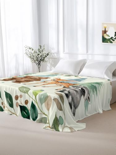 Green Twin XL Flat Sheet - Summer Forests Bear Fox Raccoon Microfiber Bedding
