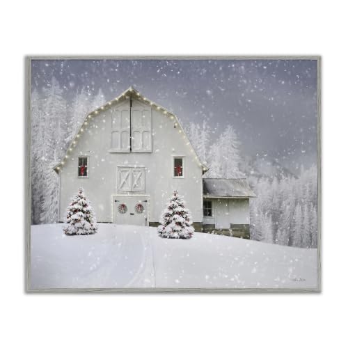 Winter Barnscape Holiday Framed Giclee Print 11x14 in - Gray Farmhouse Frame