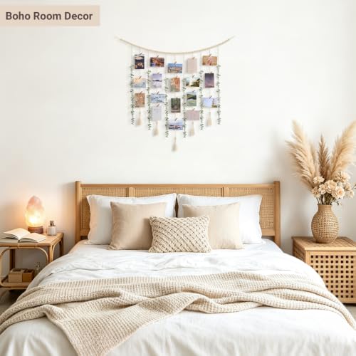 Boho Hanging Photo Display with Beads and Faux Eucalyptus Wall Decor