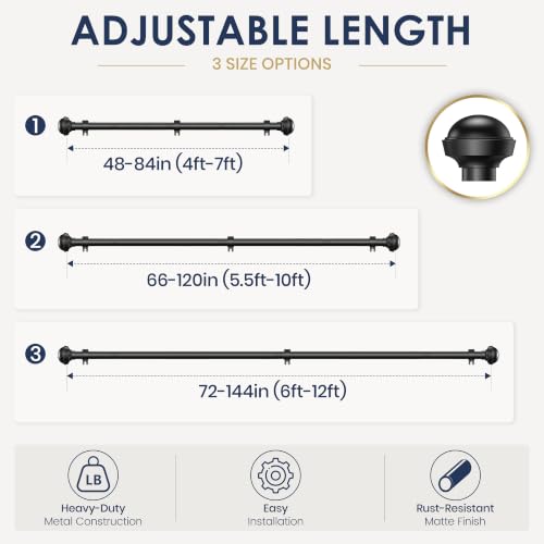 Heavy Duty Adjustable Black Curtain Rods 66-120 Inches with Matte Black Ball Finials