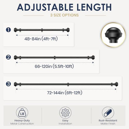Heavy Duty Adjustable Black Curtain Rods 66-120 Inches with Matte Black Ball Finials