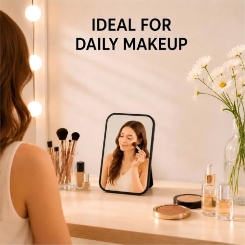 8 Inch Desktop Makeup Mirror with 90° Adjustable Stand and Wall Mount, Portable Black Vanity Mirror