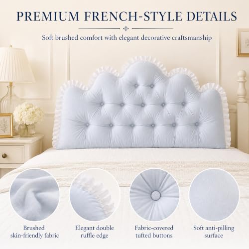 Twin Bed Headboard Pillow with French Lace Cloud Design - Cream White