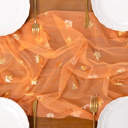 Gold Gauze Table Runner Fall Maple Leaf Sheer Party Centerpiece 10ft x 3pcs - Orange