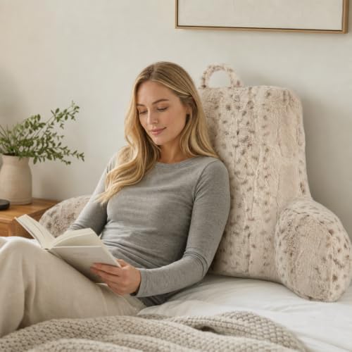 Snow Leopard Faux Fur Backrest Pillow with Armrests for Adults