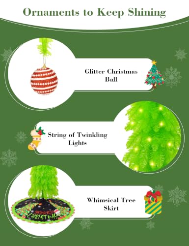 6FT Lime Green Christmas Tree with Whimsical Design, Tree Skirt & Red Ornament Set