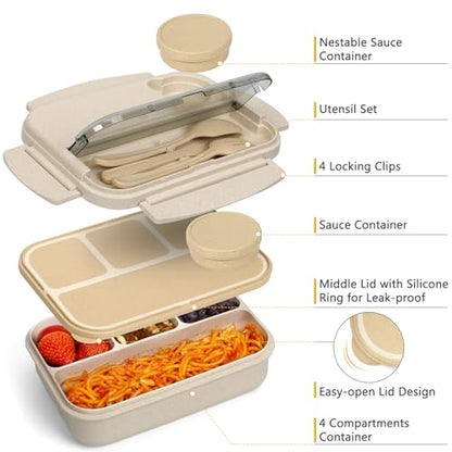 danliar Bento Lunch Box for Kids, Wheat Straw 5.5 Cups Leakproof Adult Bento Box with 2 Sauce Jars, 4 Compartments Lunchable Snack containers, Utensils, Microwave & Dishwasher Safe (Wheat Straw Beige)