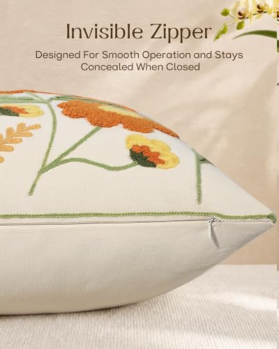 Fall Blossom Embroidered Cotton Throw Pillow Cover 18x18 Inch - MuseHaus