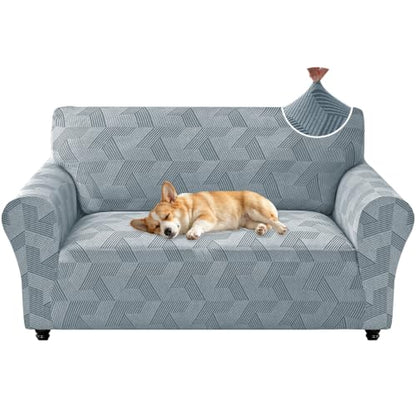 Stretch Couch Cover for 2 Cushion Loveseat - Light Grey, Geometrical Jacquard, Medium (55-69")