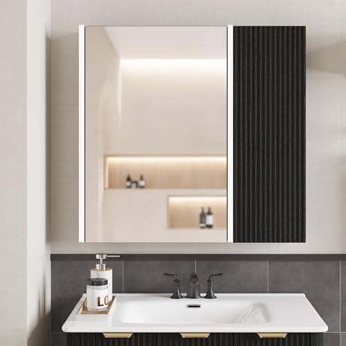 Bathroom Medicine Cabinet with Mirror and LED Lights, 29x28 Black - Wall-Mounted Vanity Storage