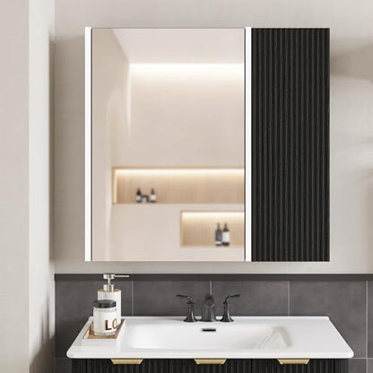Bathroom Medicine Cabinet with Mirror and LED Lights, 29x28 Black - Wall-Mounted Vanity Storage