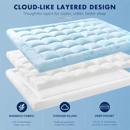 Blue Queen Size Mattress Topper - Extra Thick Pillow Top Cooling Bed Pad