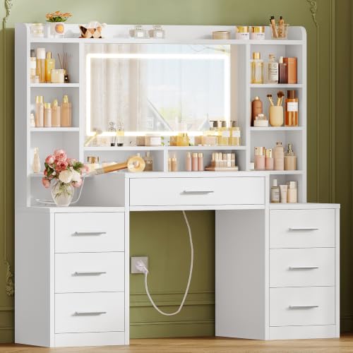 Large Vanity Desk with Mirror and 3-Color LED Lights, 7 Drawers & 6 Shelves, USB & Power Outlets, White