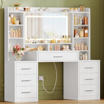 Large Vanity Desk with Mirror and 3-Color LED Lights, 7 Drawers & 6 Shelves, USB & Power Outlets, White