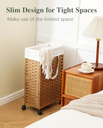 SETVSON Slim Laundry Hamper with Wheels 48L Natural Narrow Space-Saving Design