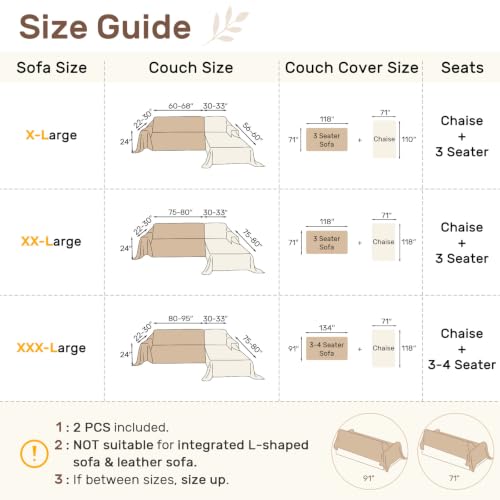 L Shaped Sectional Couch Cover Wheat Pattern XL Khaki 71x110 + 71x118
