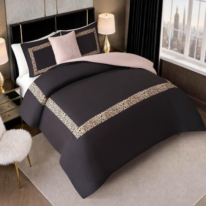 Baby Phat Leopard Hotel Border Comforter Set - Full/Queen, Reversible Microfiber, Black & Pink