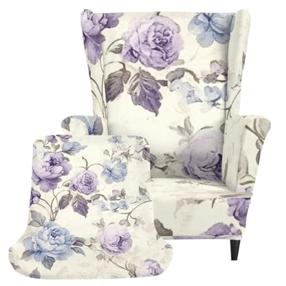 Retro Purple Floral Wingback Chair Cover 2-Piece Slipcover with Elastic Bottom