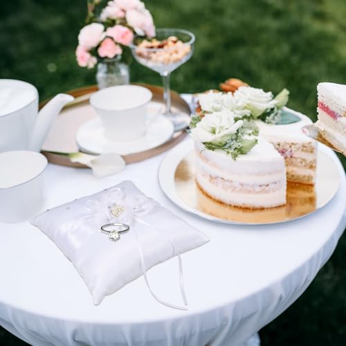 Wedding Ring Pillow 20x20cm with Pearl Flower Ribbon for Bridal Ceremony