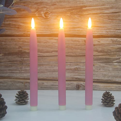 Pink Flameless Taper Candles Set of 3 with Timer & Remote - Real Wax Dinner Decor