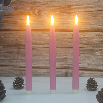 Pink Flameless Taper Candles Set of 3 with Timer & Remote - Real Wax Dinner Decor