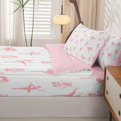 Pink White Ballet Zipper Bedding Set Twin Size Kids Comforter with Pillowcases