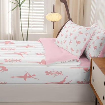 Pink White Ballet Zipper Bedding Set Twin Size Kids Comforter with Pillowcases