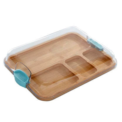 Farberware Build-A-Board Bamboo Cutting Board with Built-in Compartments and Clear Locking Lid with Blue Handles, Perfect for Charcuterie, Snacks, and More - Make it. Take it. Enjoy it, 11x14 Inches