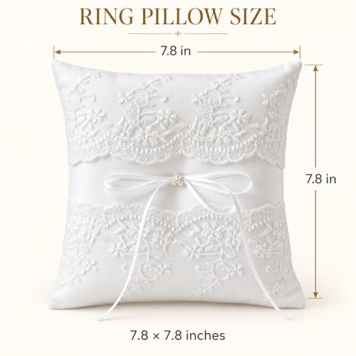 Wedding Ring Bearer Pillow with Lace Ribbons and Bow, 7.8 x 7.8 Inch