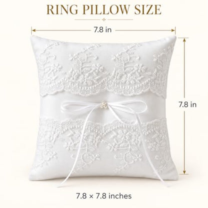Wedding Ring Bearer Pillow with Lace Ribbons and Bow, 7.8 x 7.8 Inch